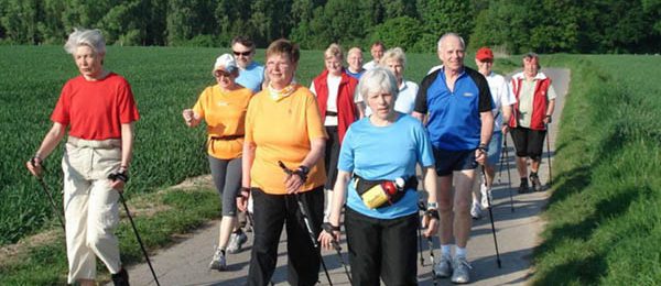 Группа пожилых людей занимаются скандинавской ходьбой